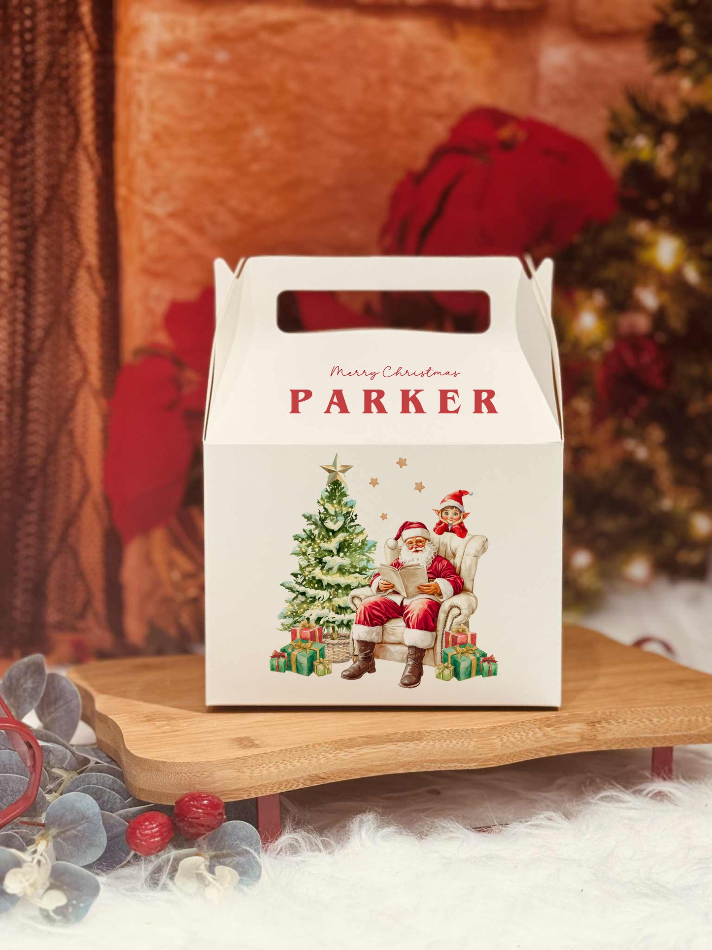 Personalised Christmas eve night treats / snack box santa and his elf design