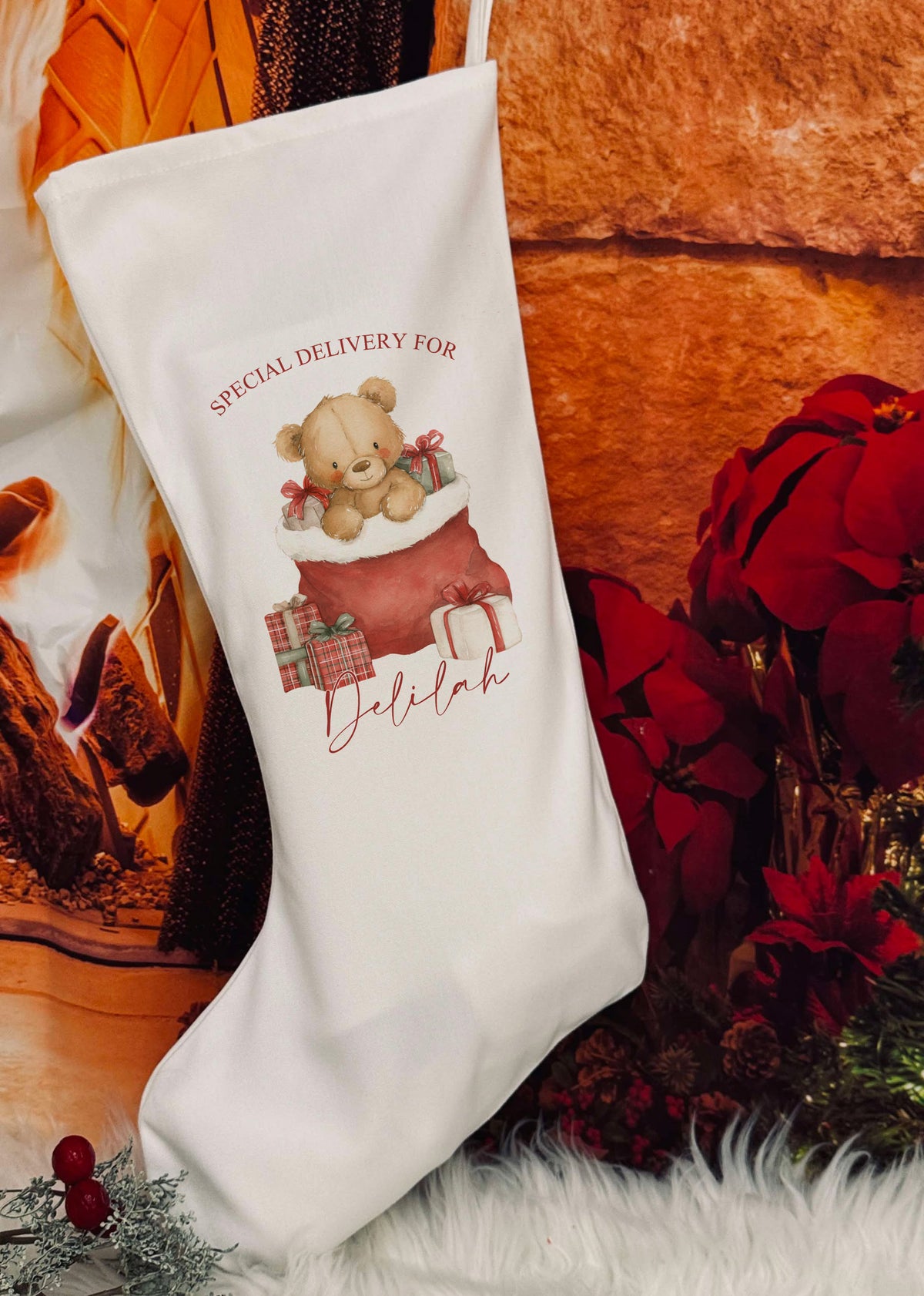 Personalised Christmas Stocking - Bear in a Christmas Sack design