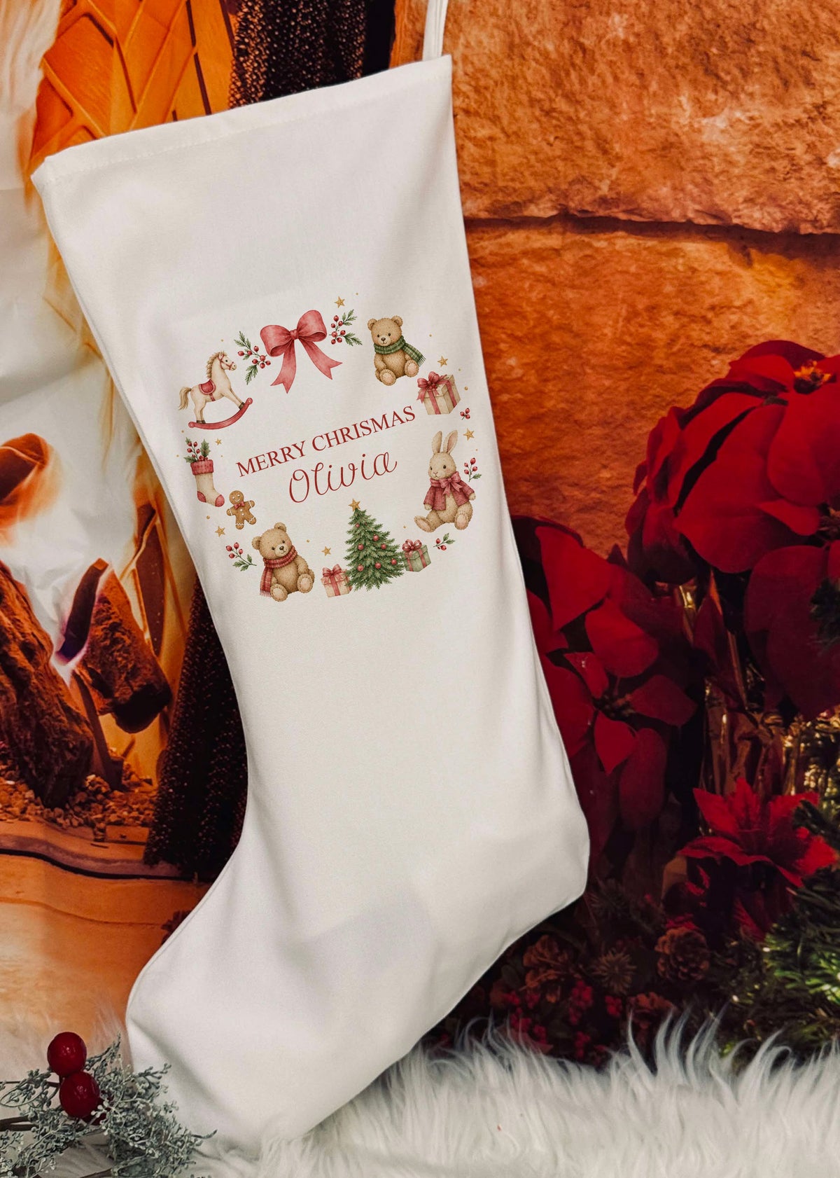 Personalised Christmas Stocking - Red wreath design