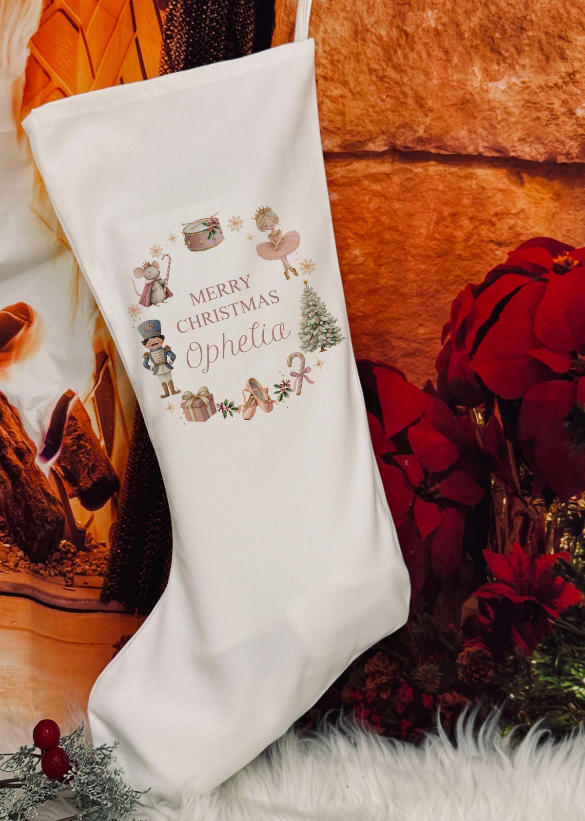 Personalised Christmas Stocking - Pink wreath design