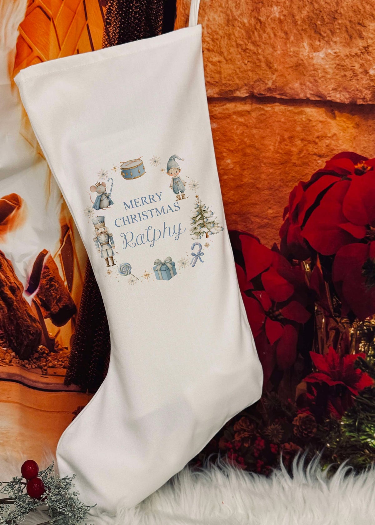 Personalised Christmas Stocking - Blue wreath design