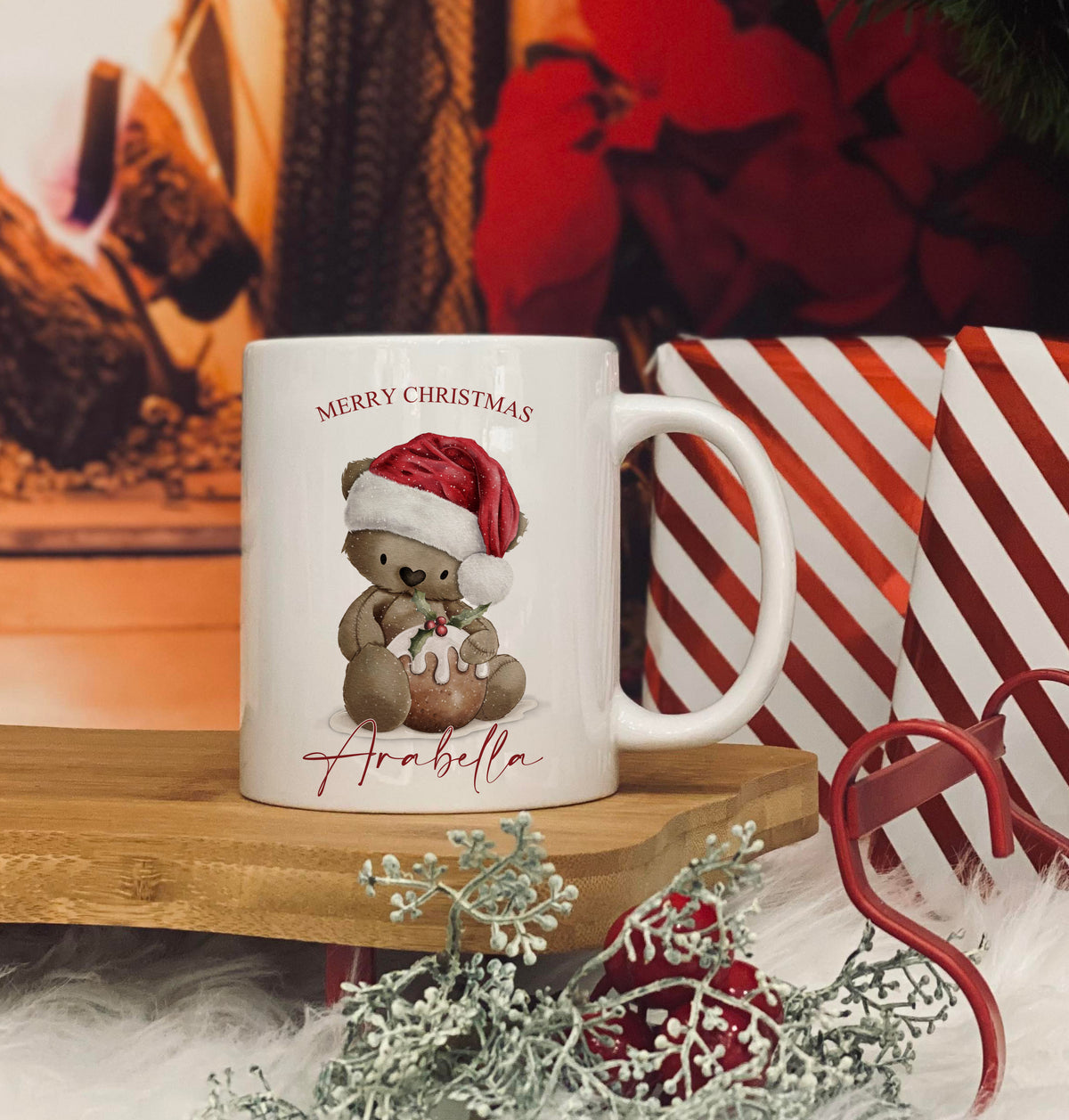 Personalised 11oz Christmas Mug - Bear Christmas Pudding Design