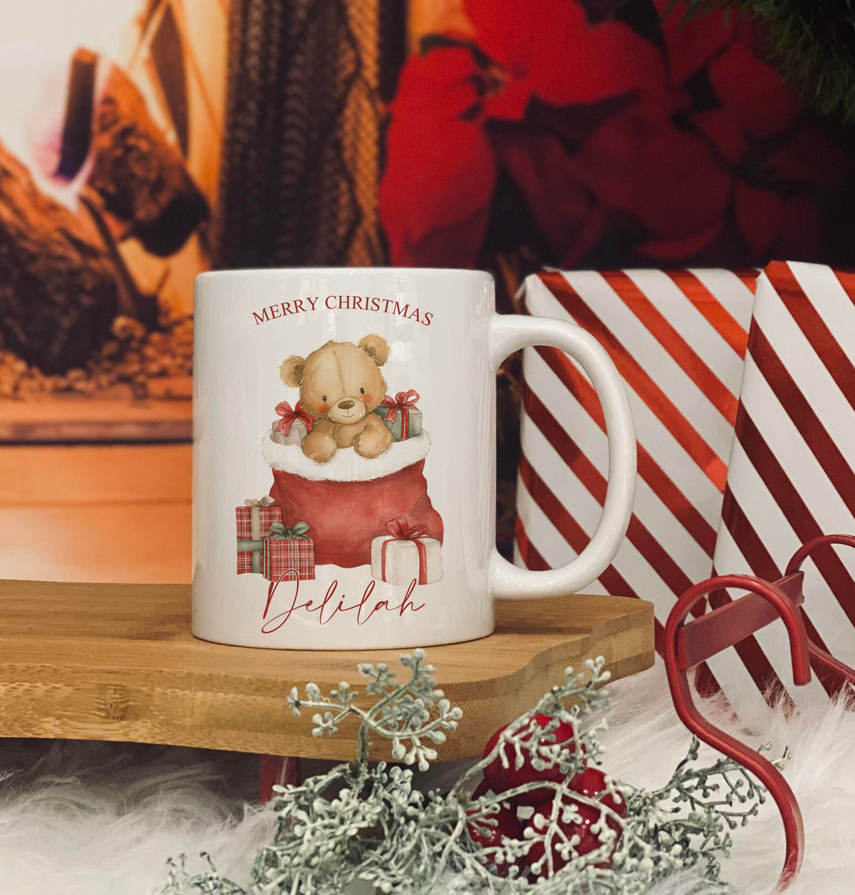 Personalised 11oz Christmas Mug - Bear in a Christmas Sack Design