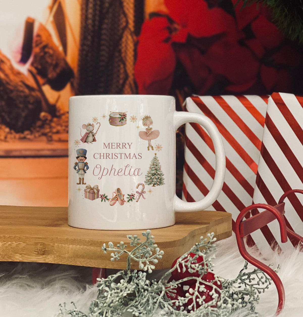 Personalised 11oz Christmas Mug - Pink Wreath Design