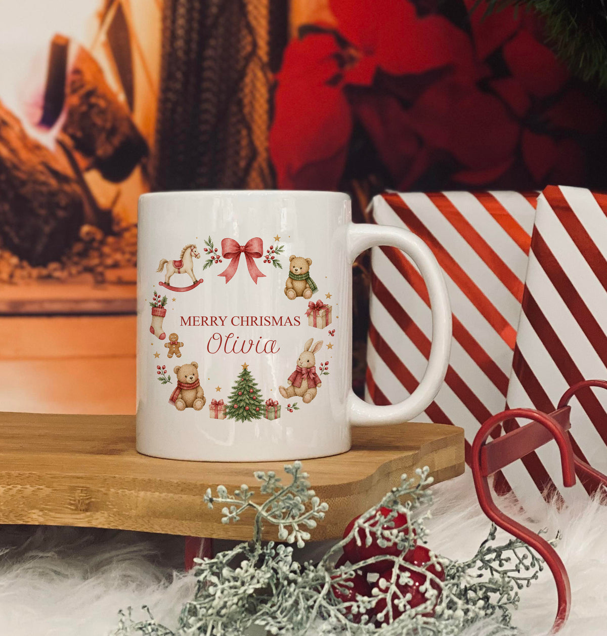 Personalised 11oz Christmas Mug - Red Wreath Design