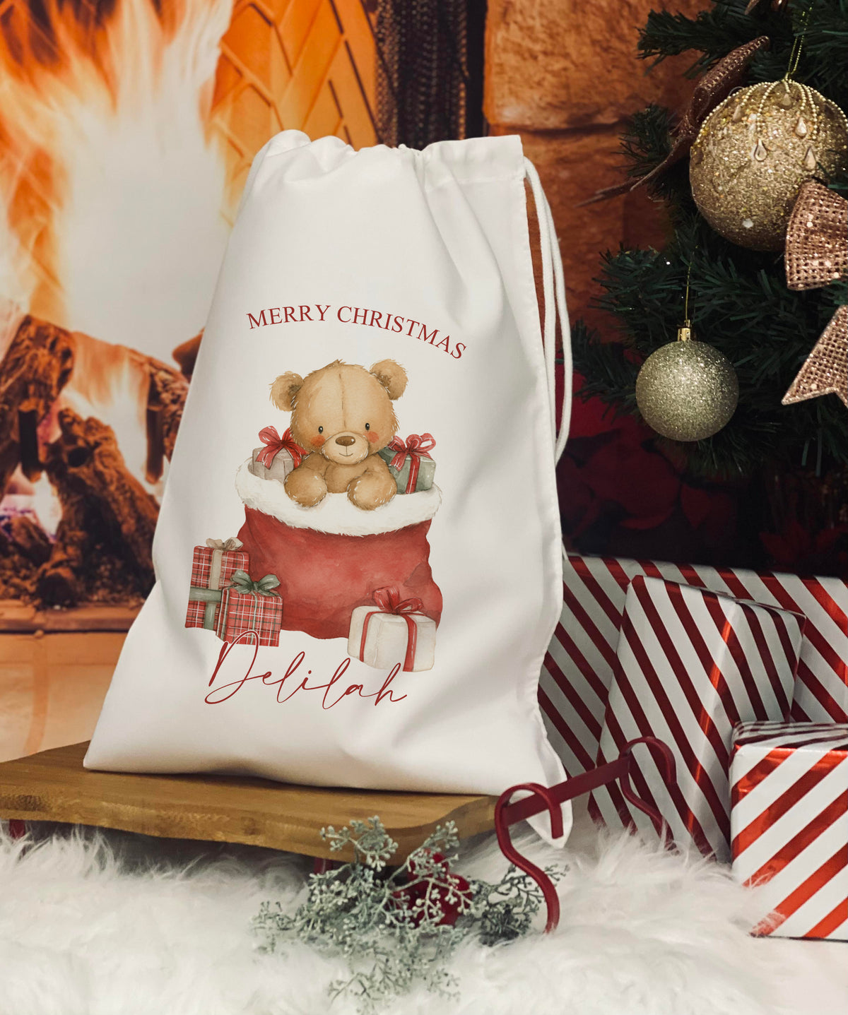 Personalised Christmas eve bag - Bear in a Christmas Sack Design