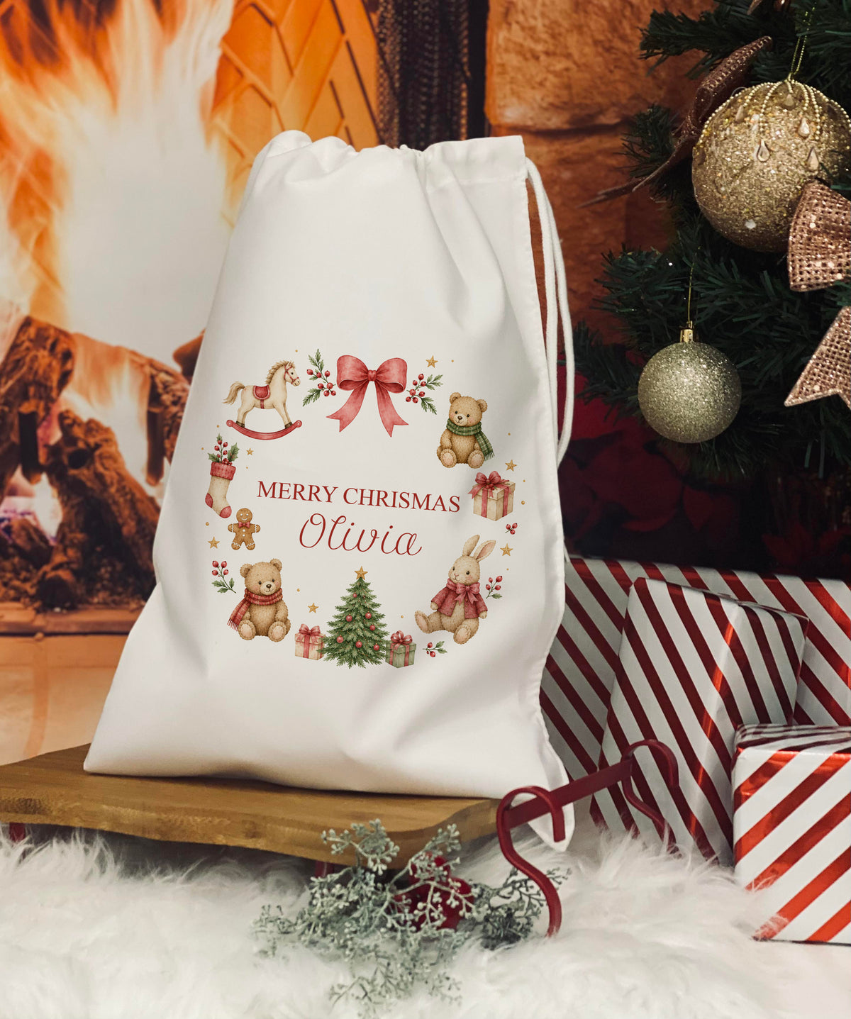 Personalised Christmas eve bag - Red Wreath Design