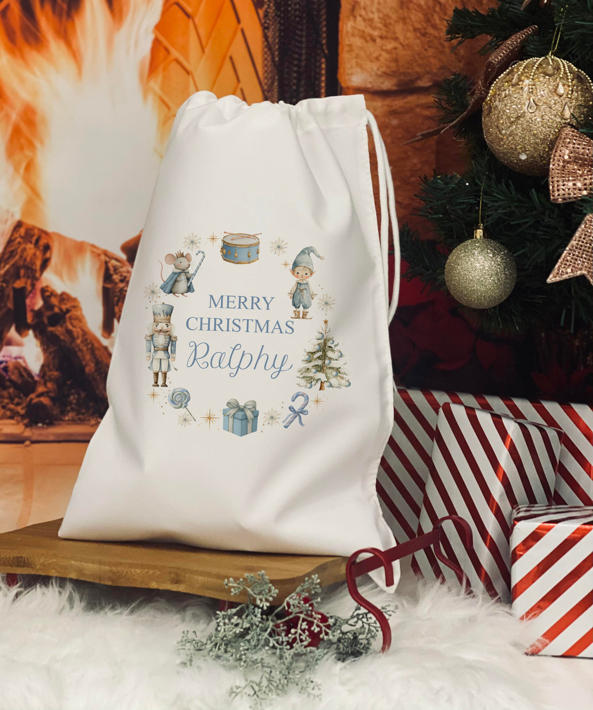 Personalised Christmas eve bag - Blue Wreath Design