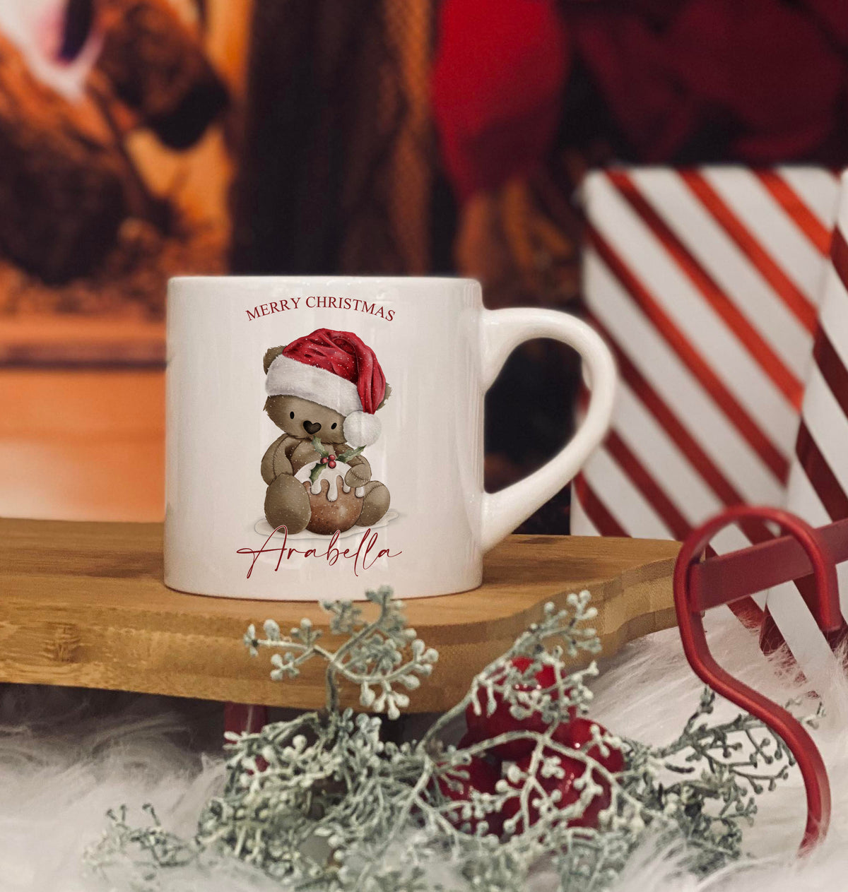 Personalised Bear christmas pudding design 6oz kids ceramic mug