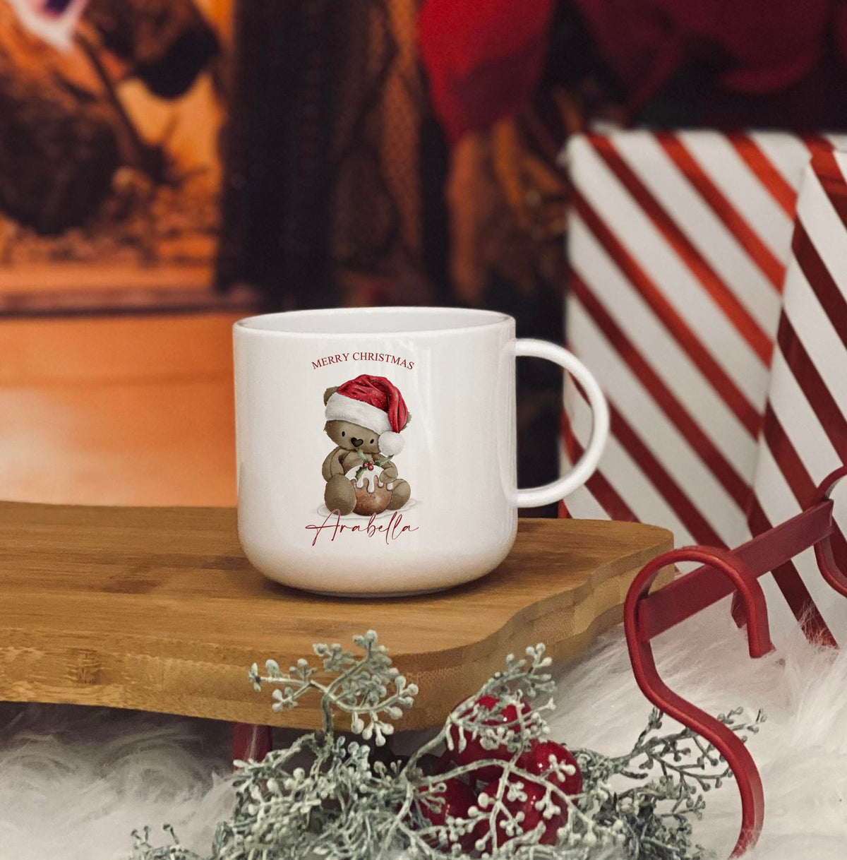 Personalised Bear Christmas pudding Theme 6oz unbreakable kids mug