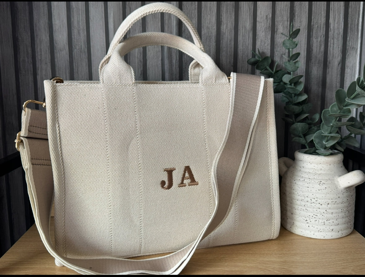 Natural ladies tote hand bag with embroidered initials