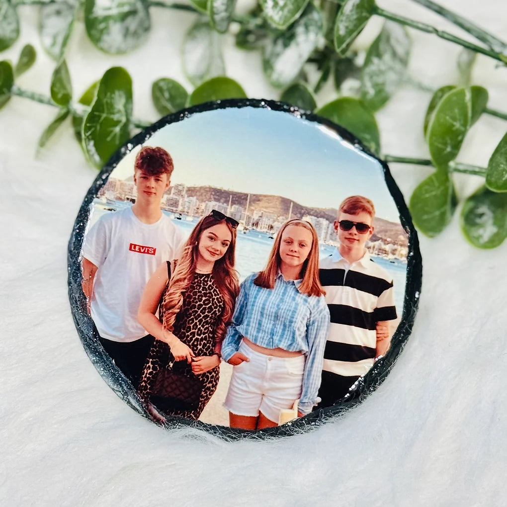 Personalised photo slate coaster.
