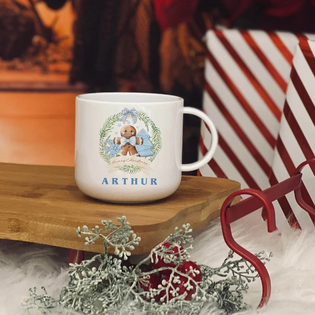 Personalised Blue Ginger bread wreath christmas 6oz unbreakable kids mug