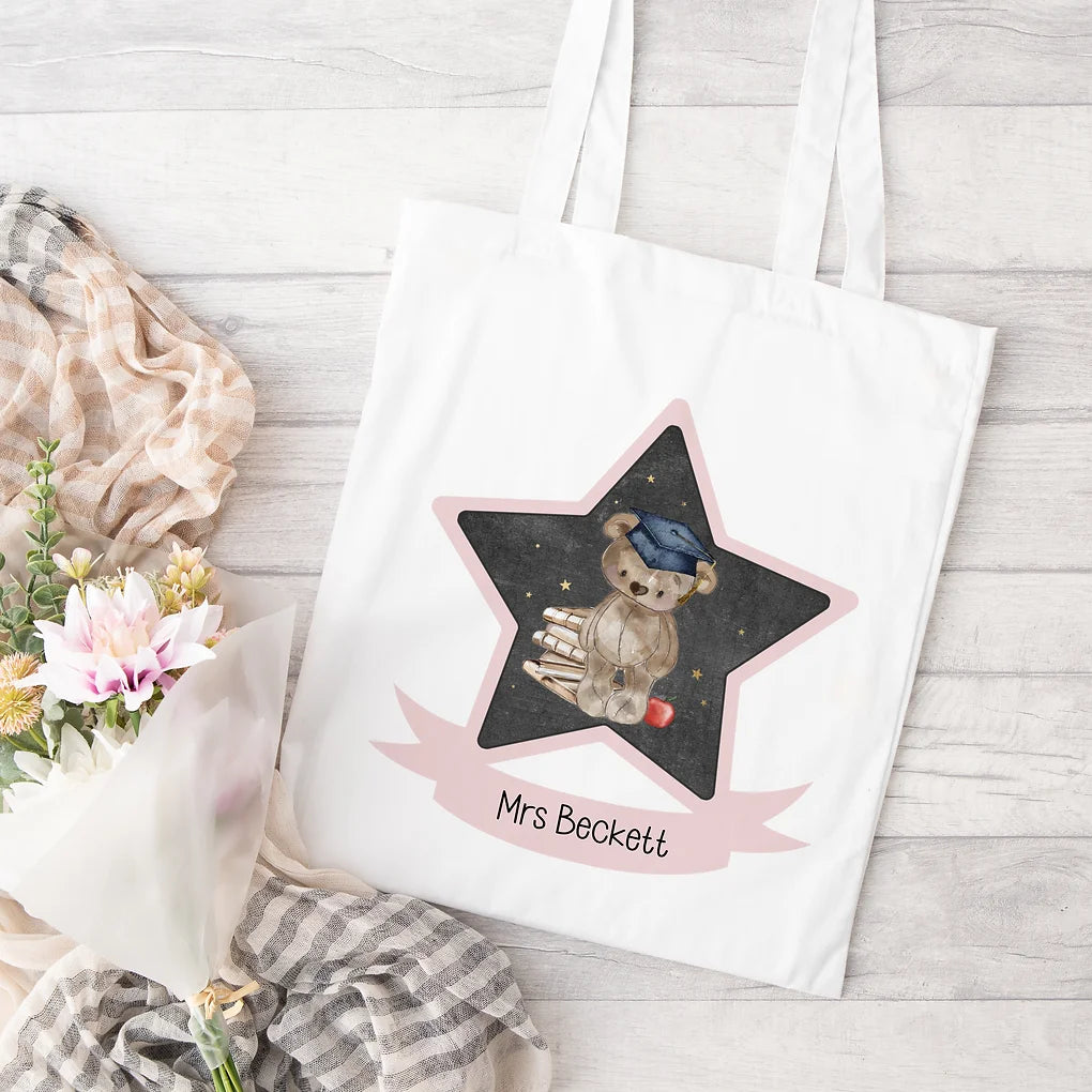 Personalised Teacher Gift - Tote bag - Adorable bear design - pink.