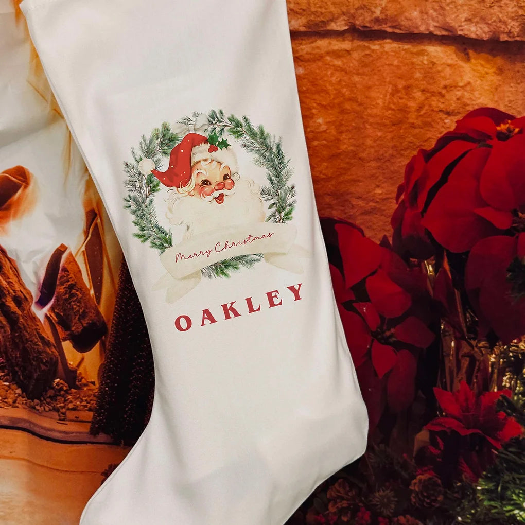 Personalised Christmas Stocking - Santa wreath design