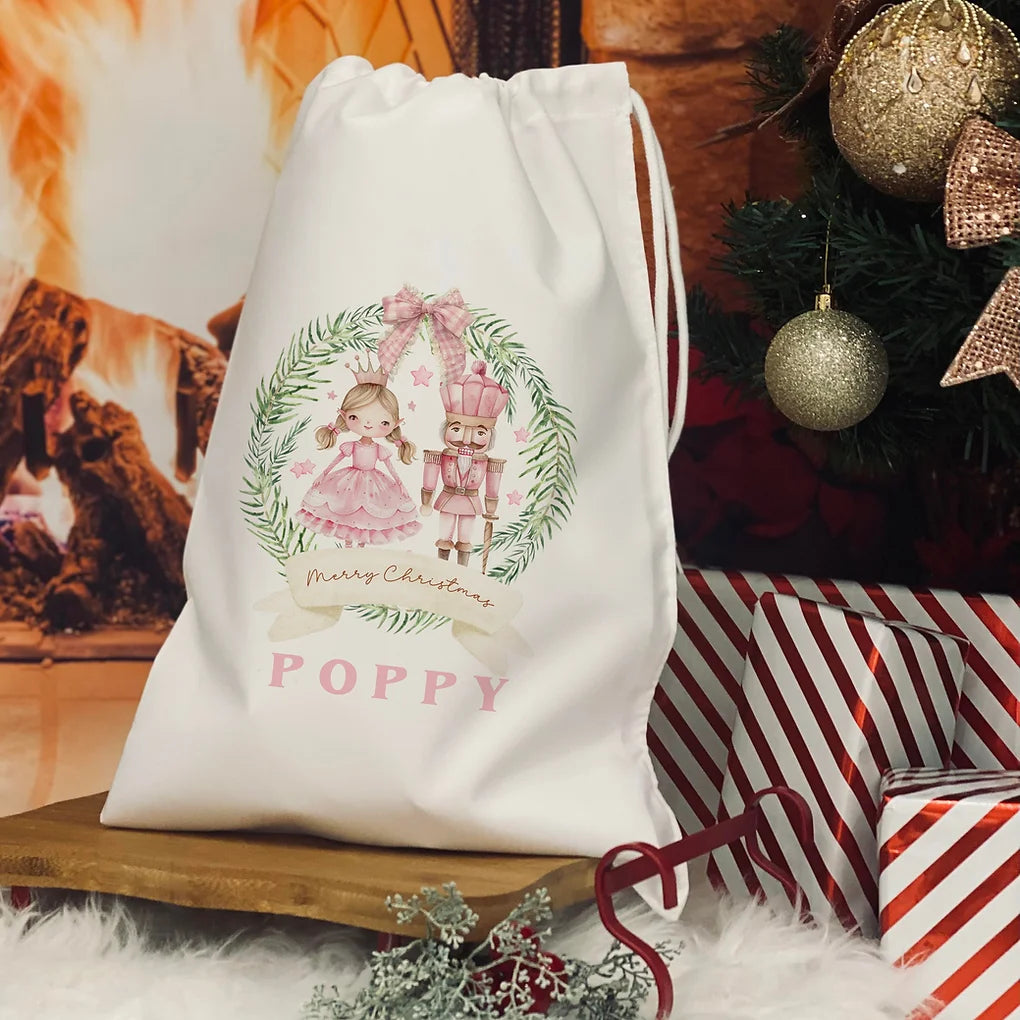 Personalised Christmas Eve Bag. nut cracker christmas design pink