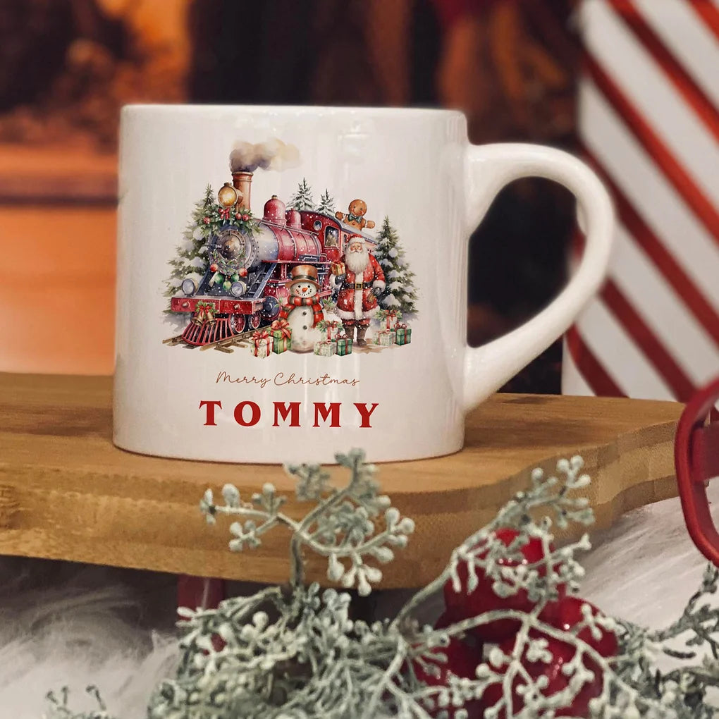 Personalised christmas train design 6oz kids ceramic mug red