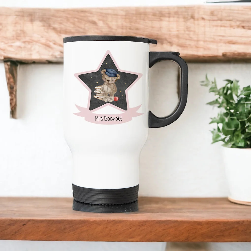 Personalised Travel Mug - Teacher Bear Design - Pink