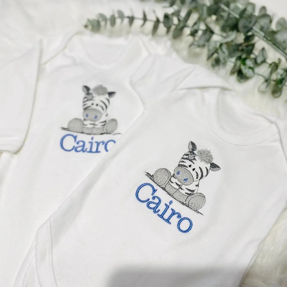 Personalised Embroidered Zebra Baby Sleep Suit & Vest Set