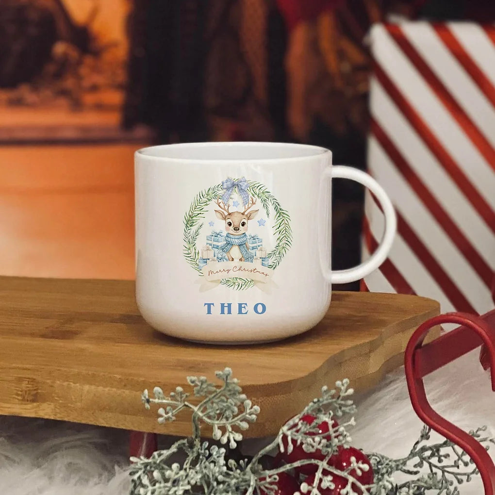Personalised christmas reindeer - blue design 6oz unbreakable kids mug