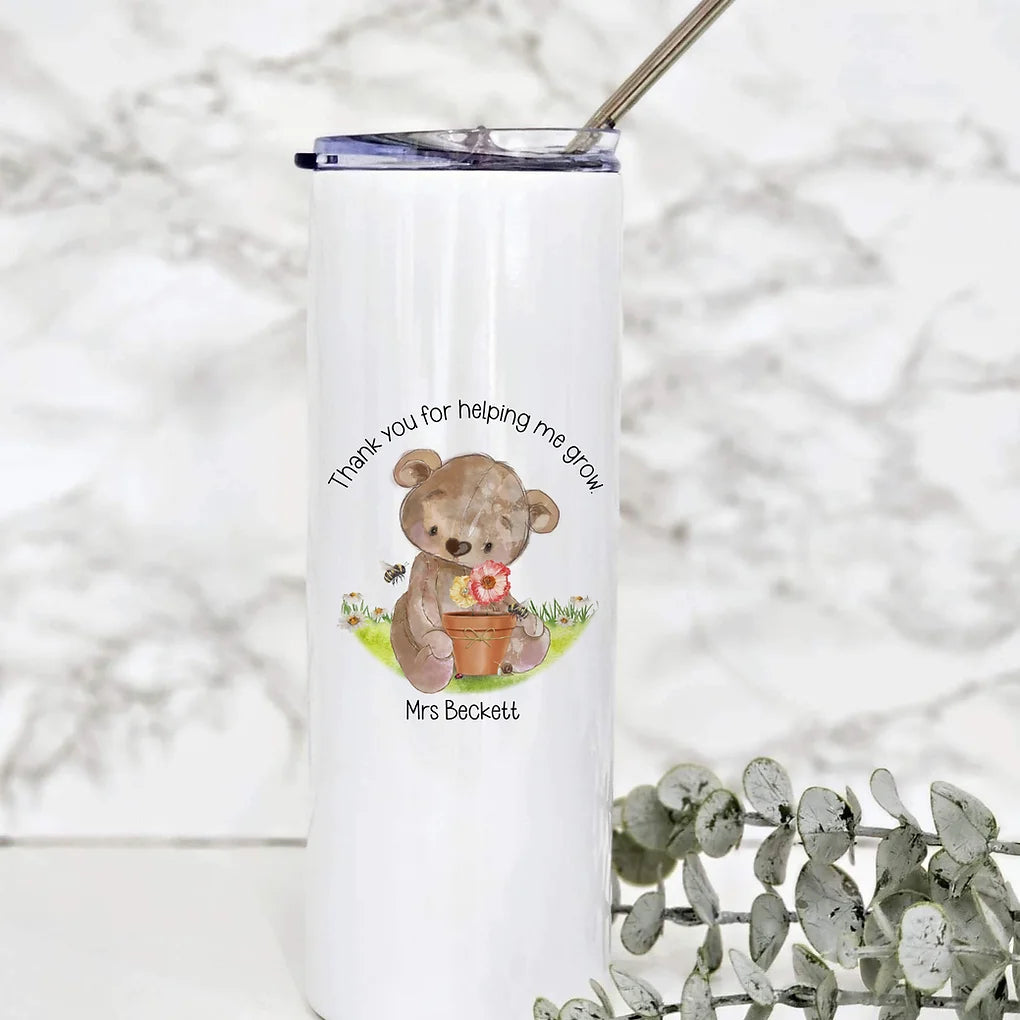 Personalised Teacher Tumbler Bear design - Thank you for helping me grow.