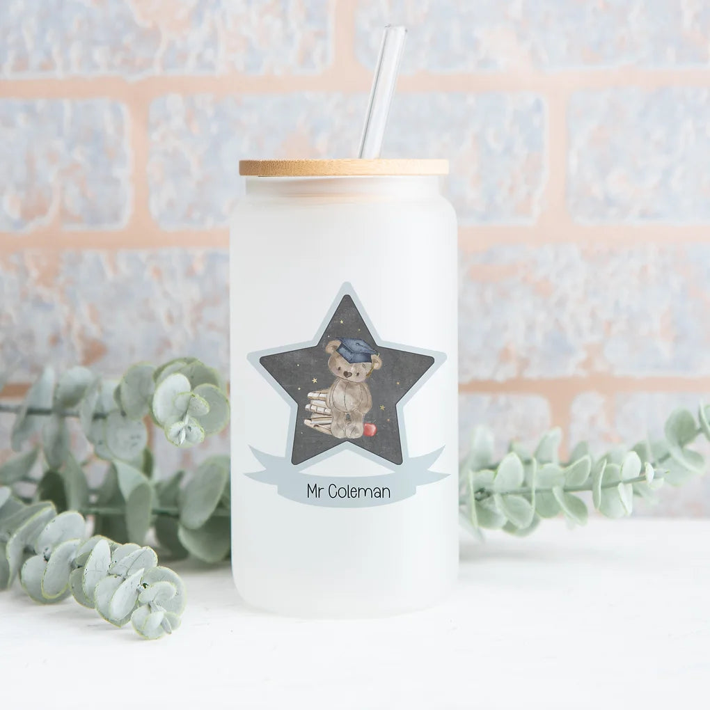 Personalised can Glass Tumbler With Straw and bamboo lid. Teacher gift