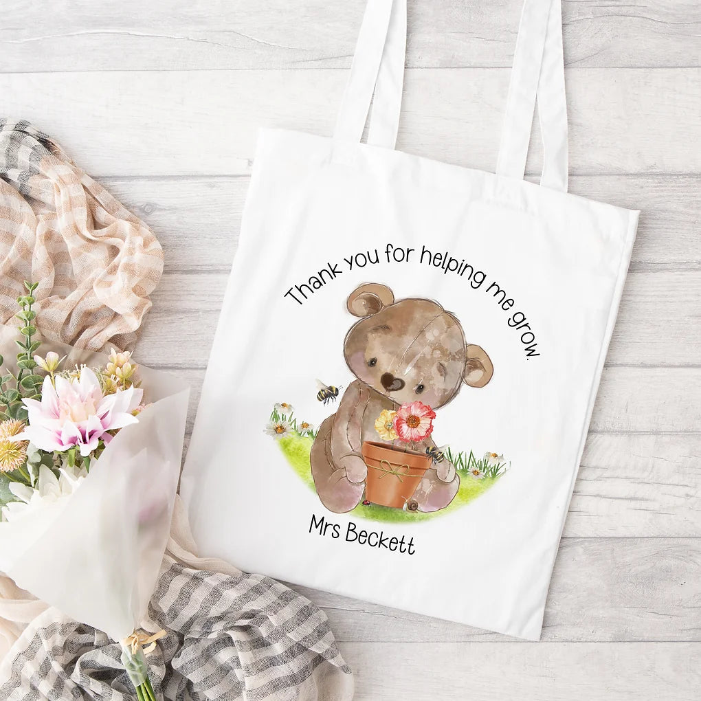 Personalised Teacher Gift - Tote bag - Thank you for helping me grow bear Design