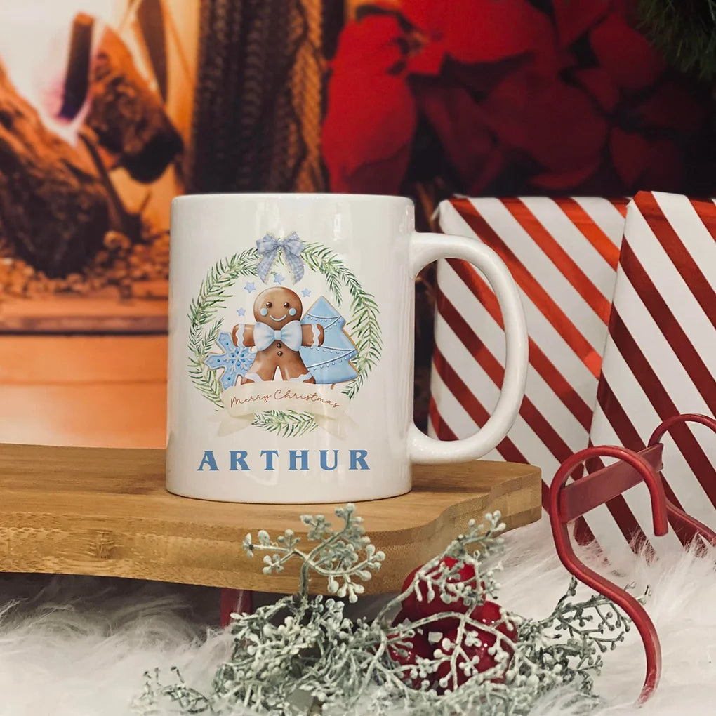 Personalised Blue Ginger bread wreath christmas mug 11oz