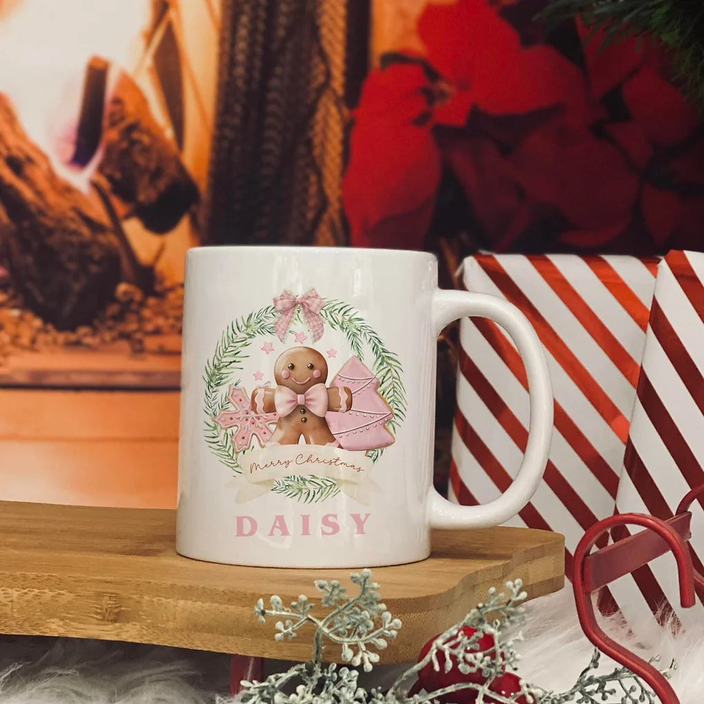 Personalised pink Ginger bread wreath christmas mug 11oz