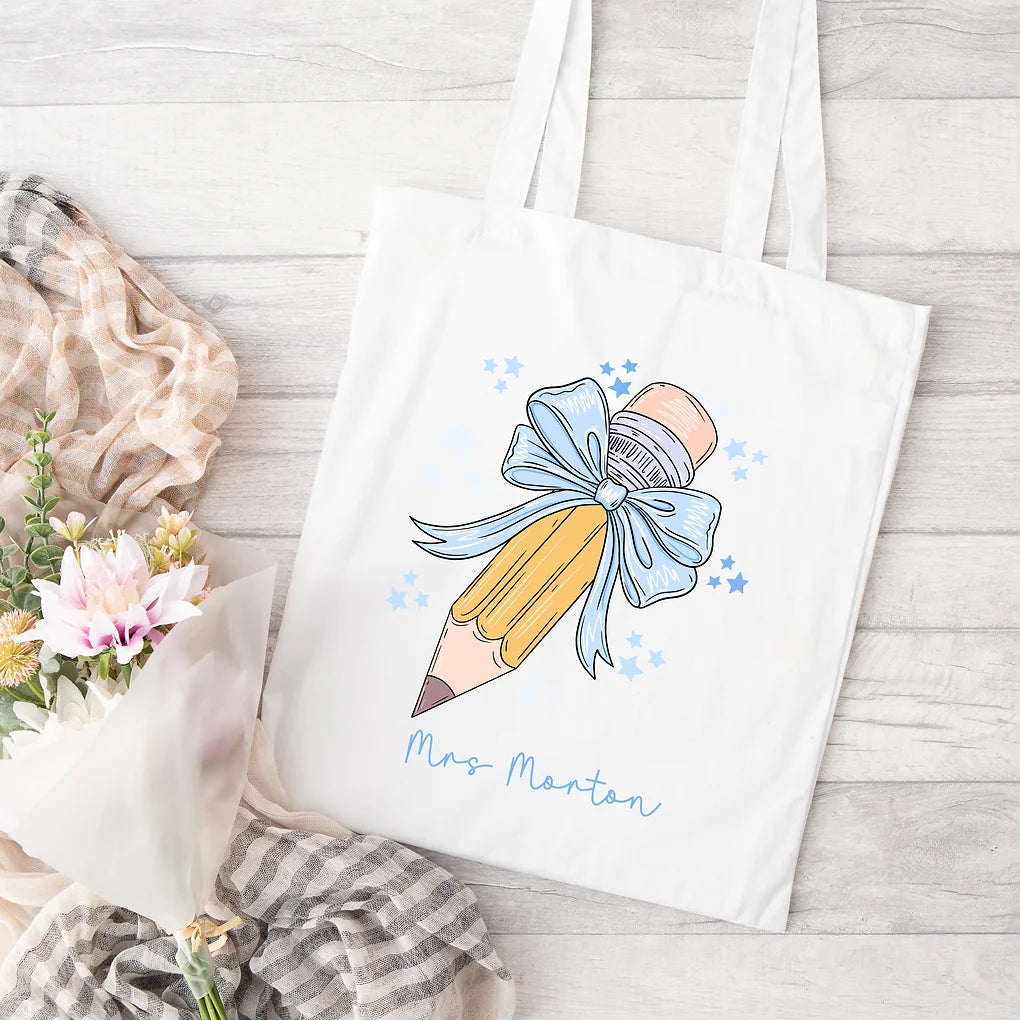 Personalised Teacher Gift - Tote bag - Bow Pencil Design