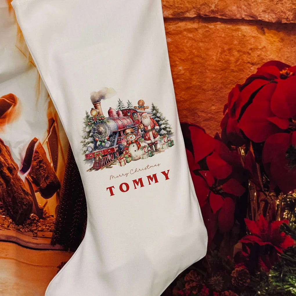 Personalised Christmas Stocking - Red Christmas train Design.