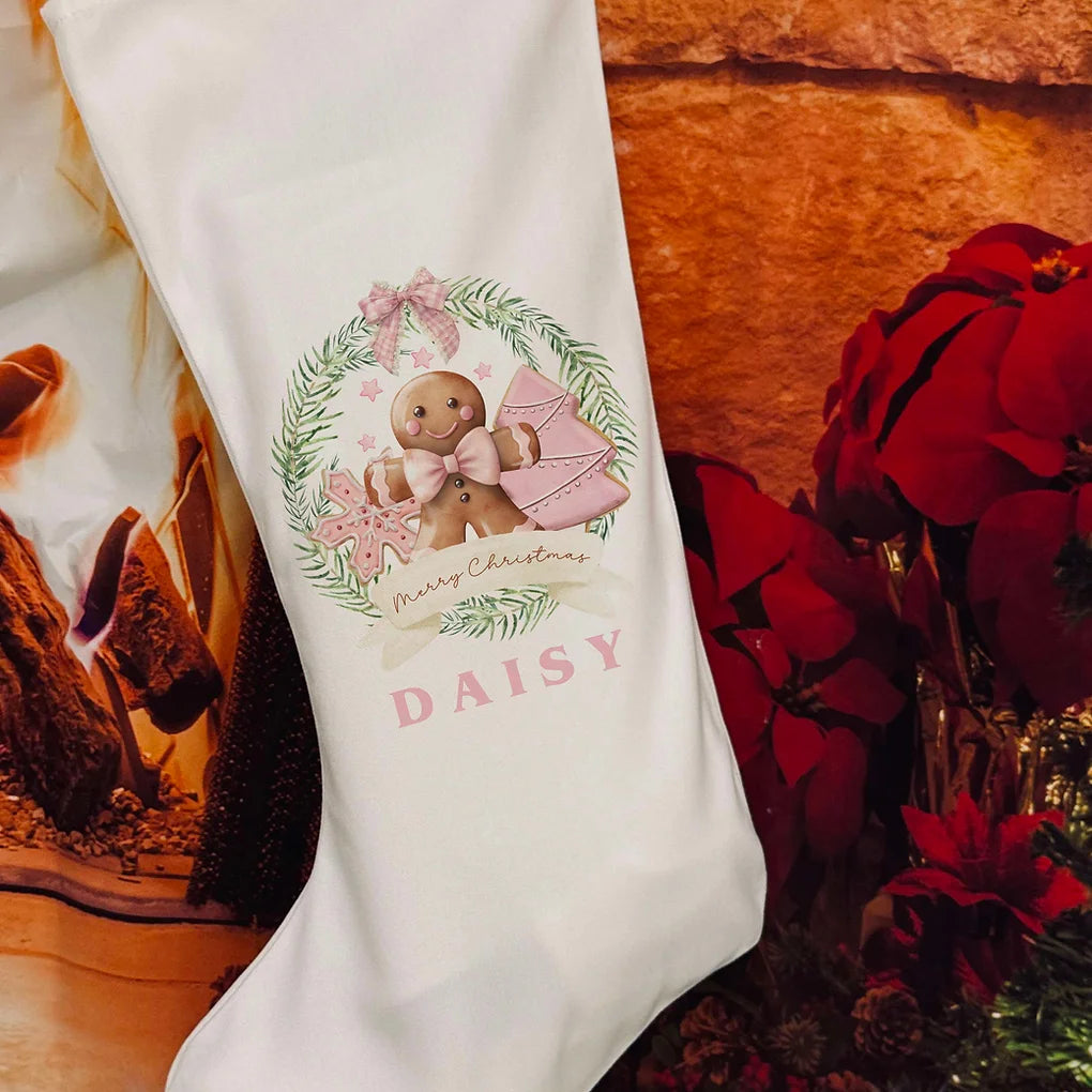 Personalised Christmas Stocking - Pink Gingerbread Design.