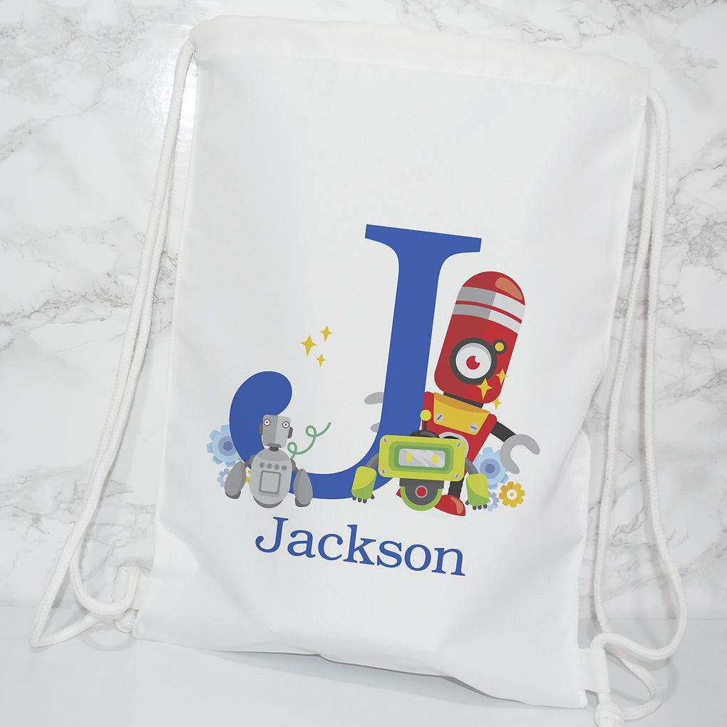 Personalised drawstring bag - Initials - Robot theme