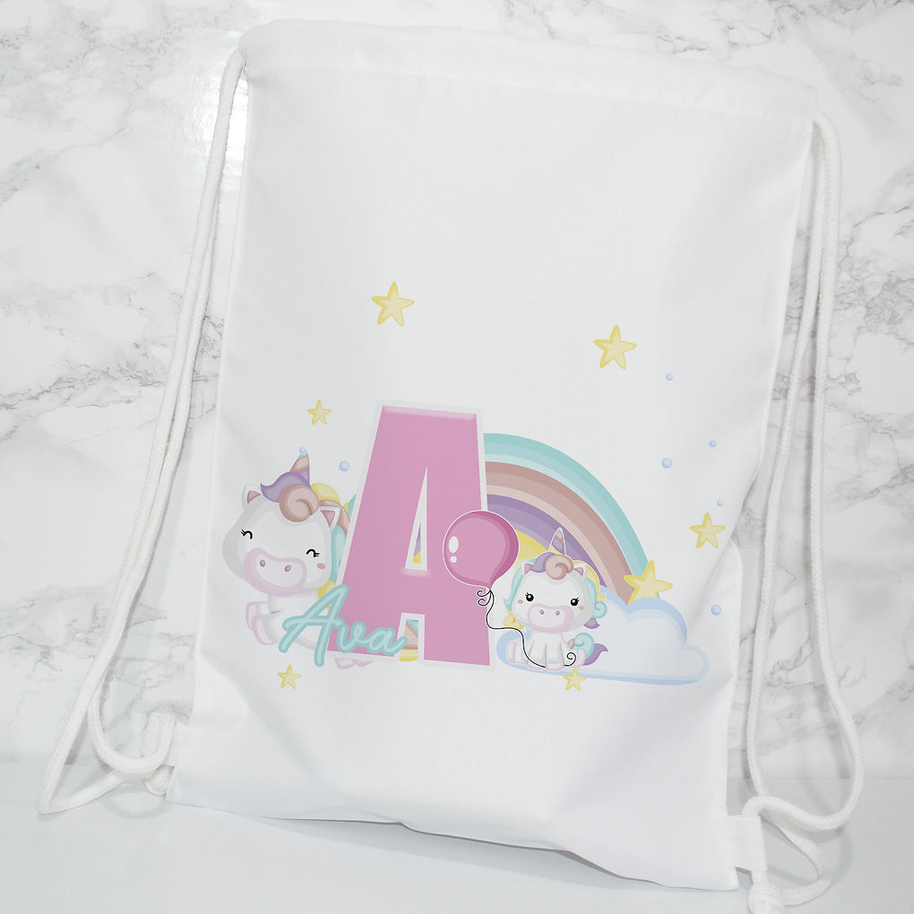 Personalised drawstring bag - Initials - Unicorn Rainbow theme