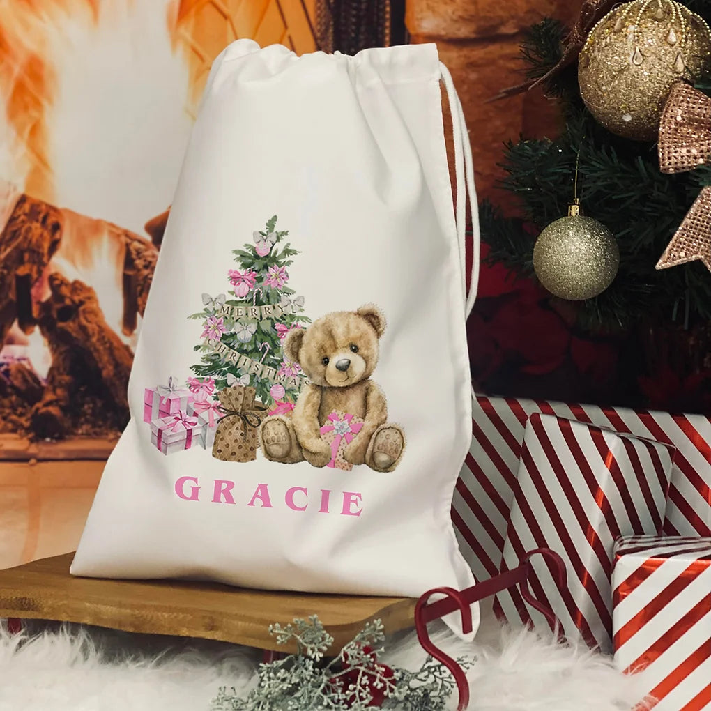 Personalised Christmas Eve Bag. Christmas Bear - Pink design
