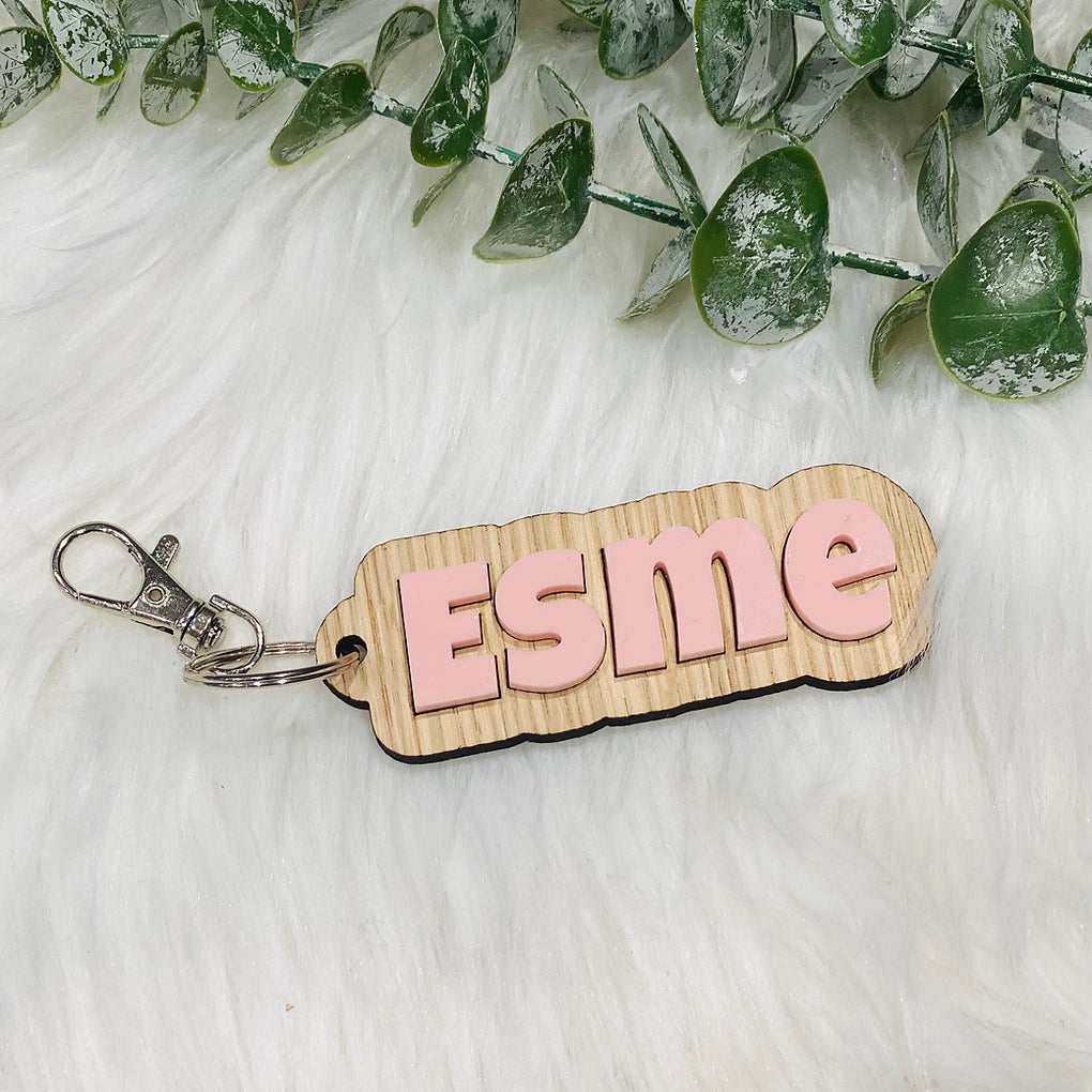 Personalised 3d bag tag keyring, wood and acrylic.