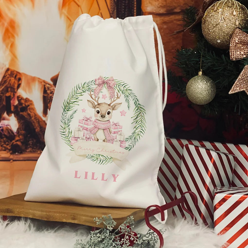 Personalised Christmas Eve Bag. Christmas Reindeer - Pink design