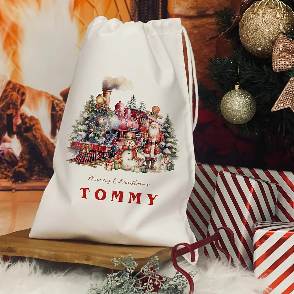 Personalised Christmas Eve Bag. Christmas Train design red