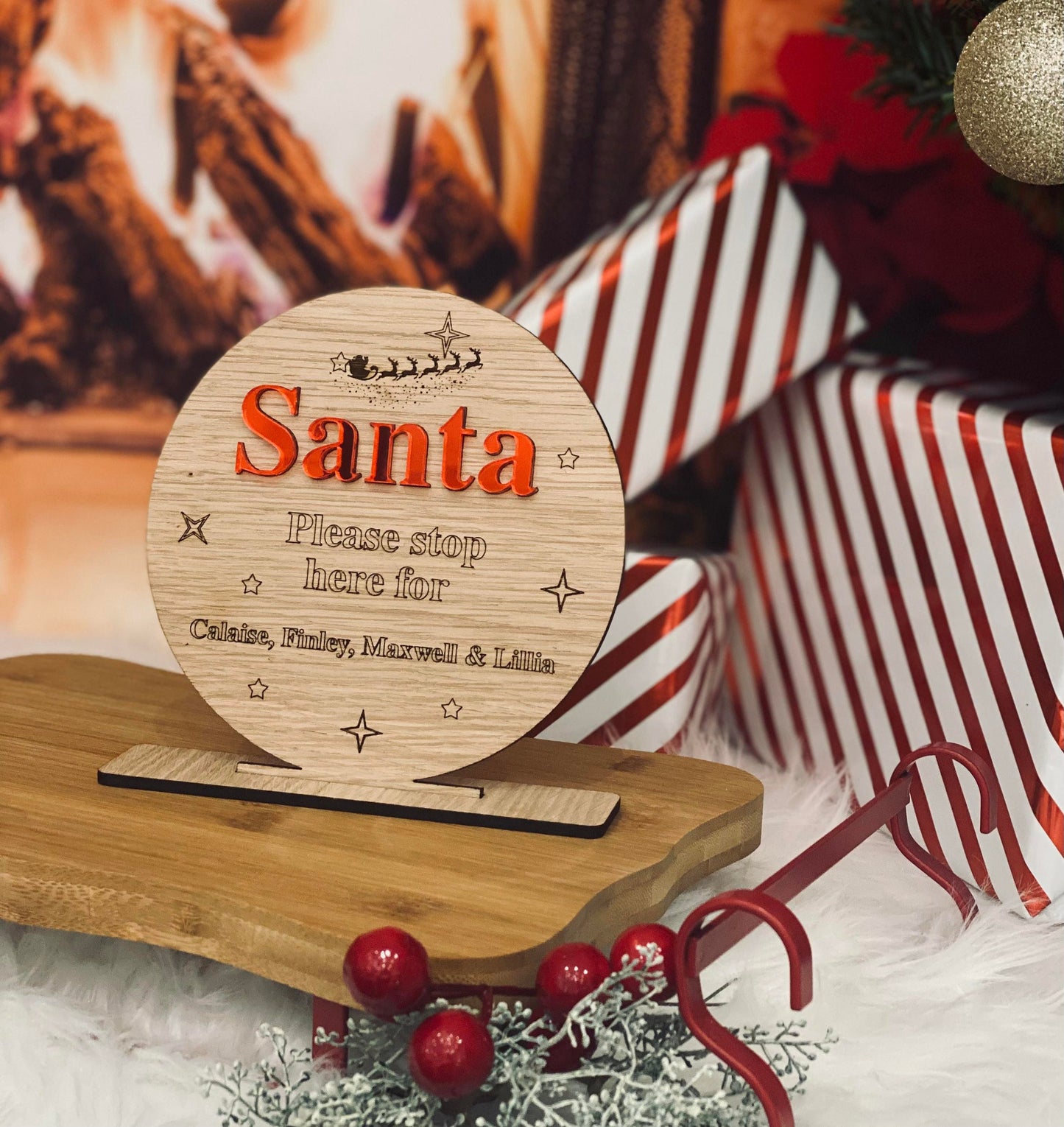 Santa Stop Here Personalised Sign Mirrored acrylic & 4mm oak