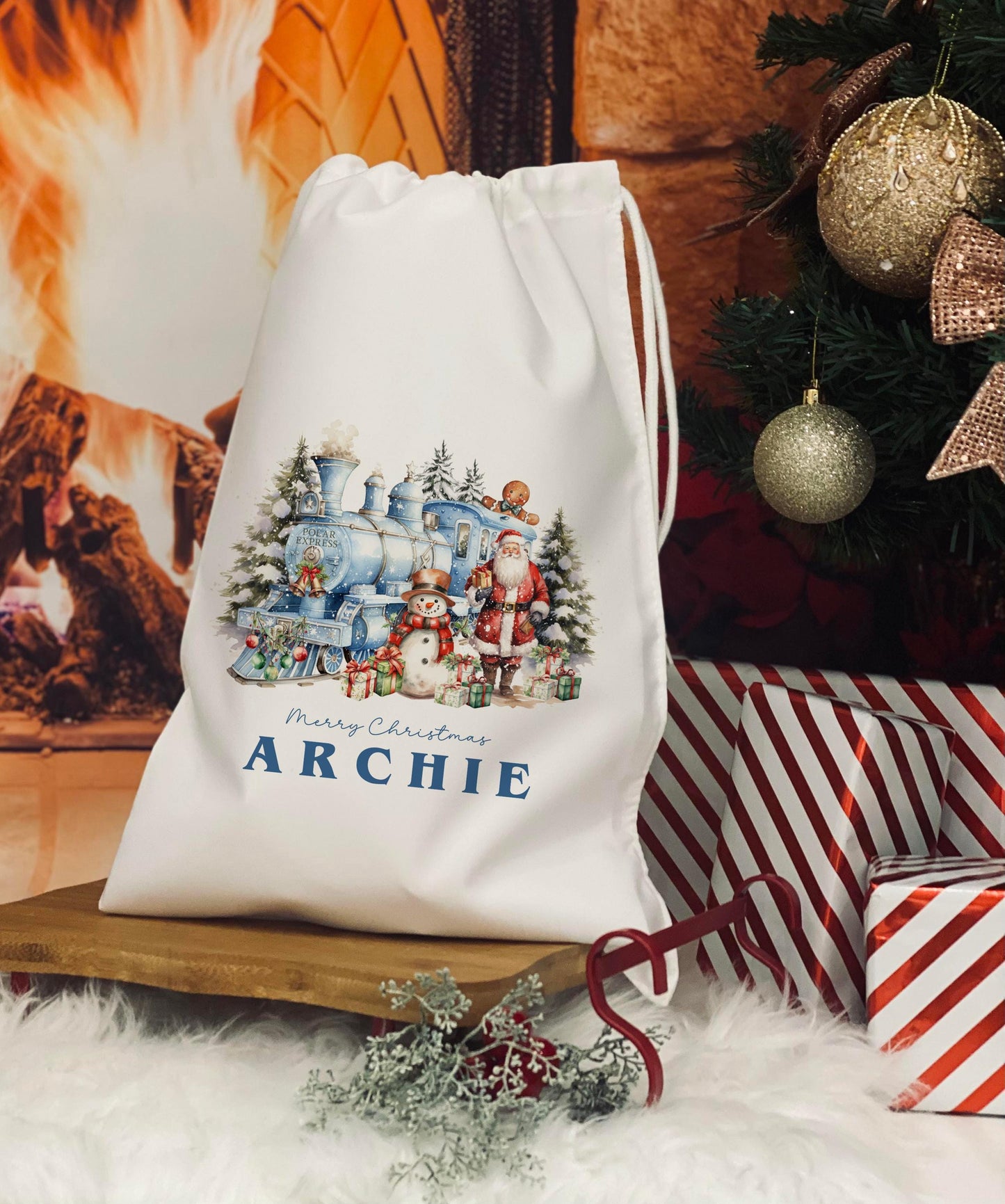 Personalised Christmas Eve Bag - Treat Bag - Christmas Eve Treat Bag - Blue Xmas Train design