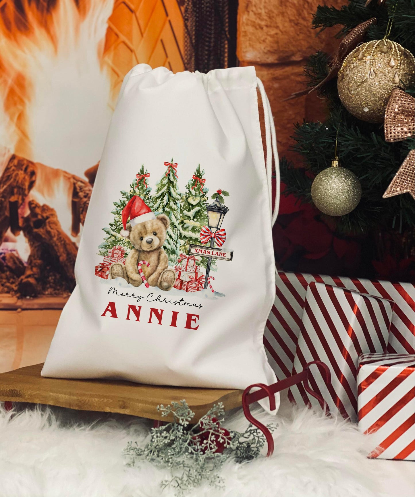 Personalised Christmas Eve Bag - Treat Bag - Christmas Eve Treat Bag - Xmas Bear Tree design