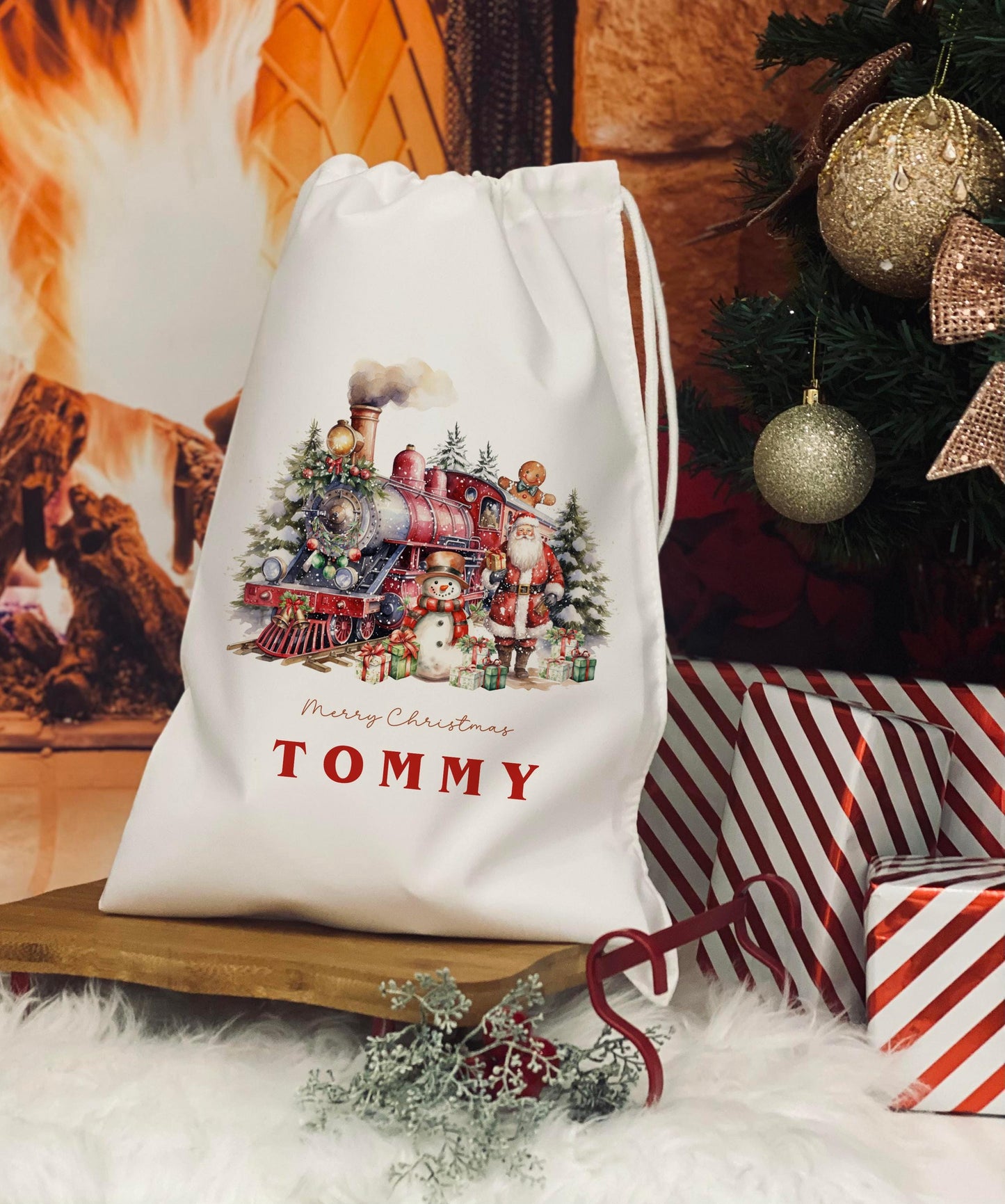 Personalised Christmas Eve Bag - Treat Bag - Christmas Eve Treat Bag - Red xmas train design