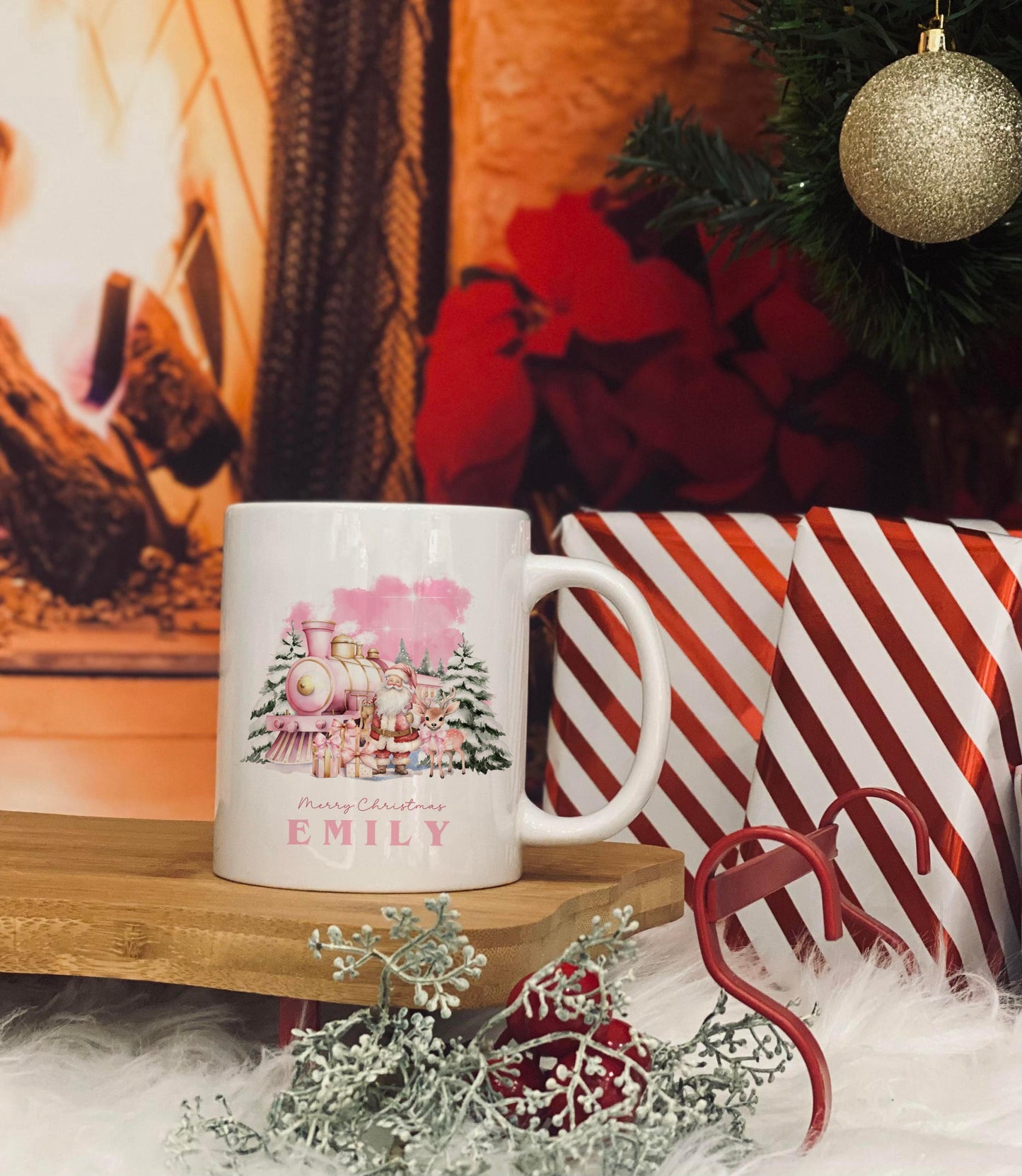 Personalised Christmas Mug - pink xmas train Theme Christmas Eve Mug - 11oz Mug - Family Christmas Mugs