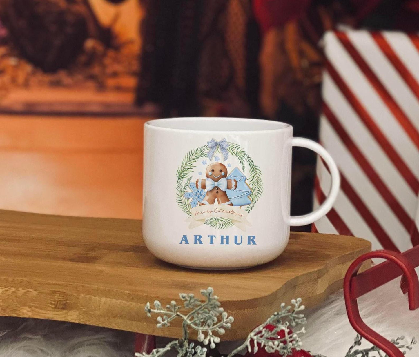 Personalised blue gingerbread christmas 6oz unbreakable kids mug - christmas eve mug - matching family mugs
