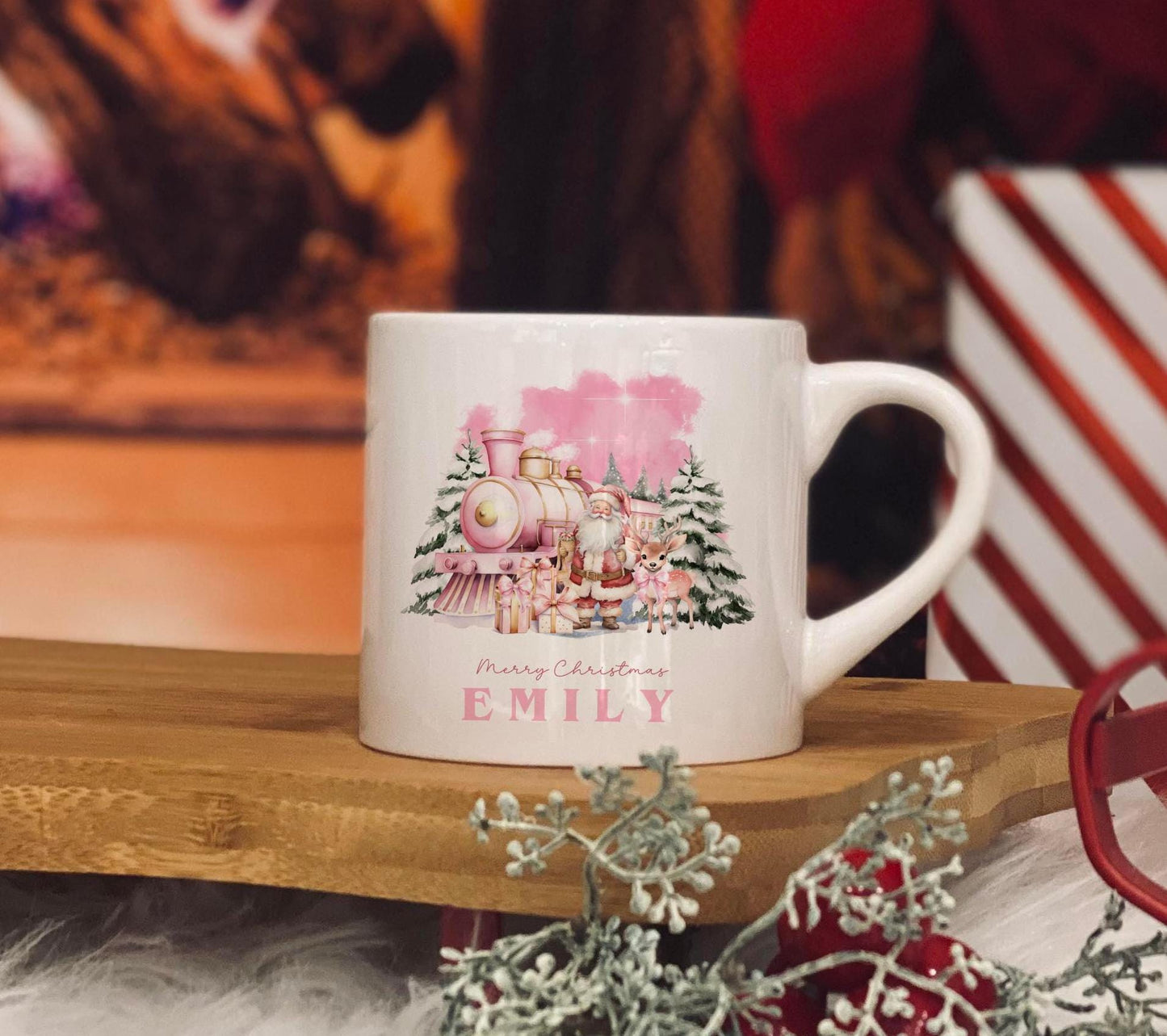 Childrens Mug - Christmas Eve Mug - 6 OZ Mug - Christmas train pink - Christmas Eve Mug
