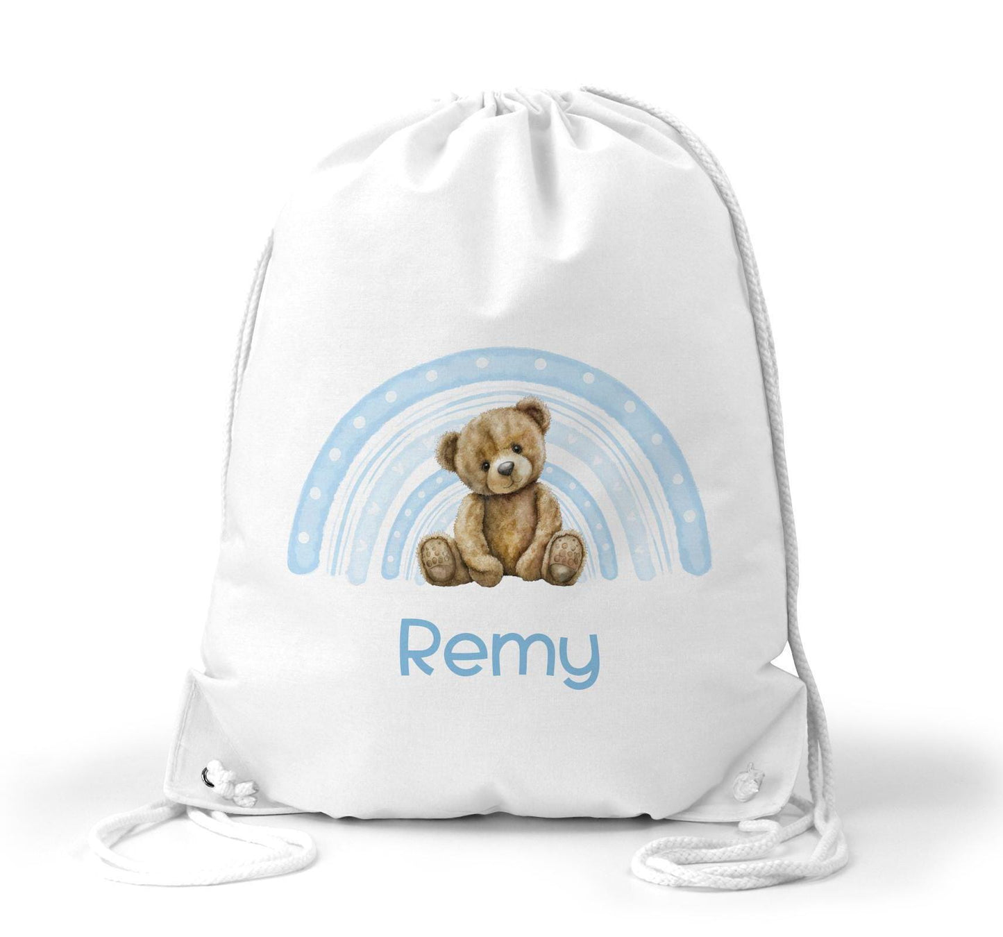 Personalised blue rainbow bear theme drawstring bag - nursery bag - school bag