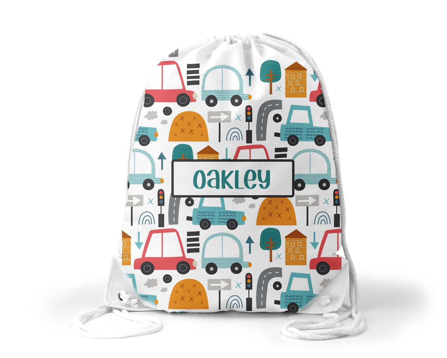 Personalised cars theme drawstring bag - nursery bag - school bag