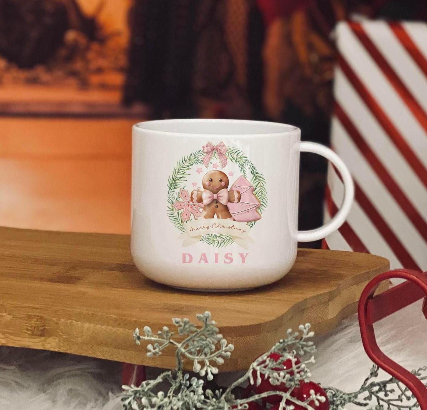 Personalised pink gingerbread christmas 6oz unbreakable kids mug - christmas eve mug - matching family mugs
