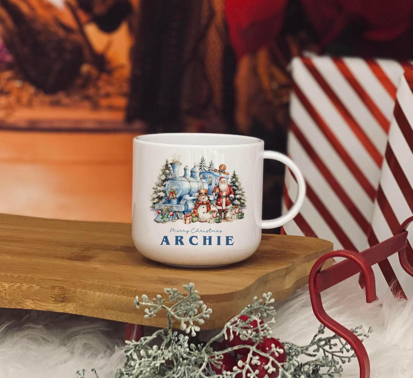 Personalised blue xmas train christmas 6oz unbreakable kids mug - christmas eve mug - matching family mugs