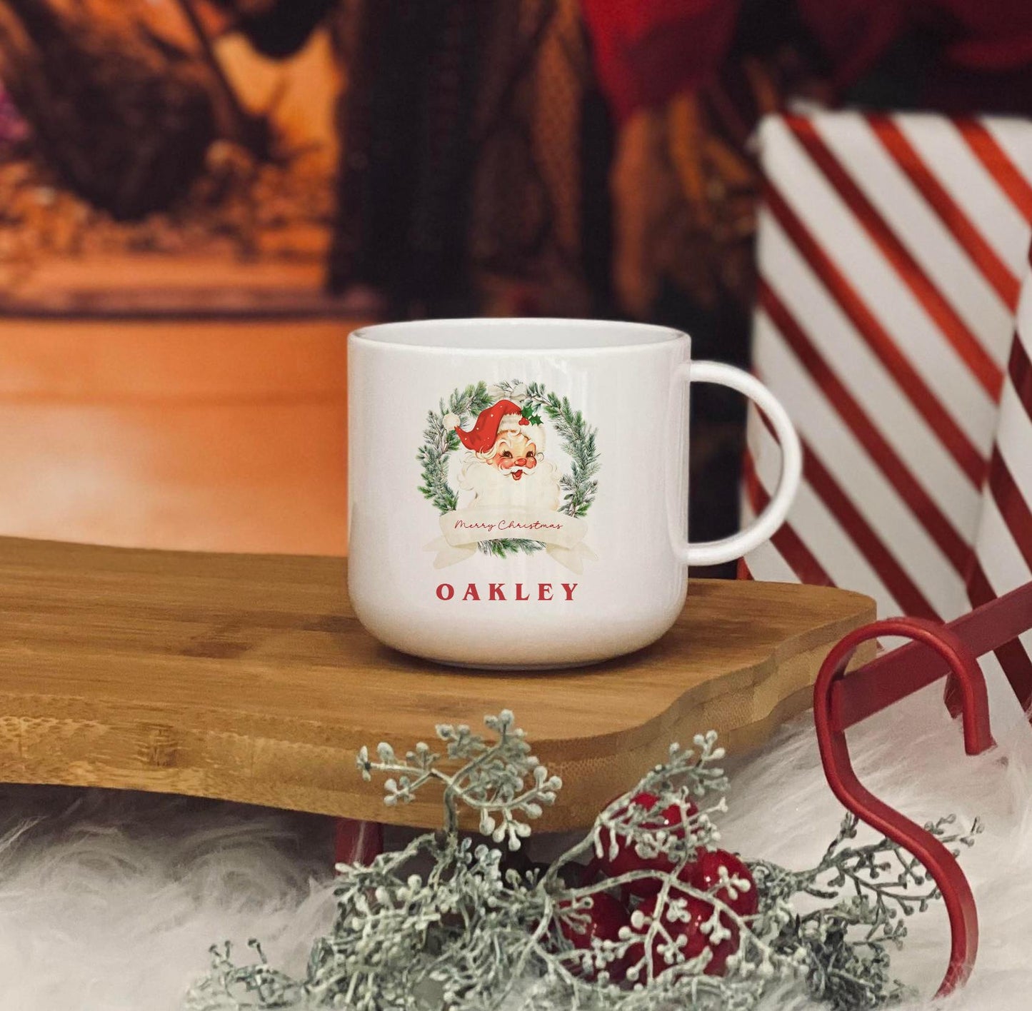 Personalised Children's Christmas Mug - 6 oz unbreakable kids mug - Christmas santa wreath Kids Christmas Eve Cup